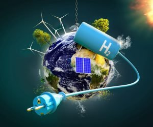 Umwelt und Energiegewinnung - Blauer Wasserstoff- Tank auf dem Planeten Erde